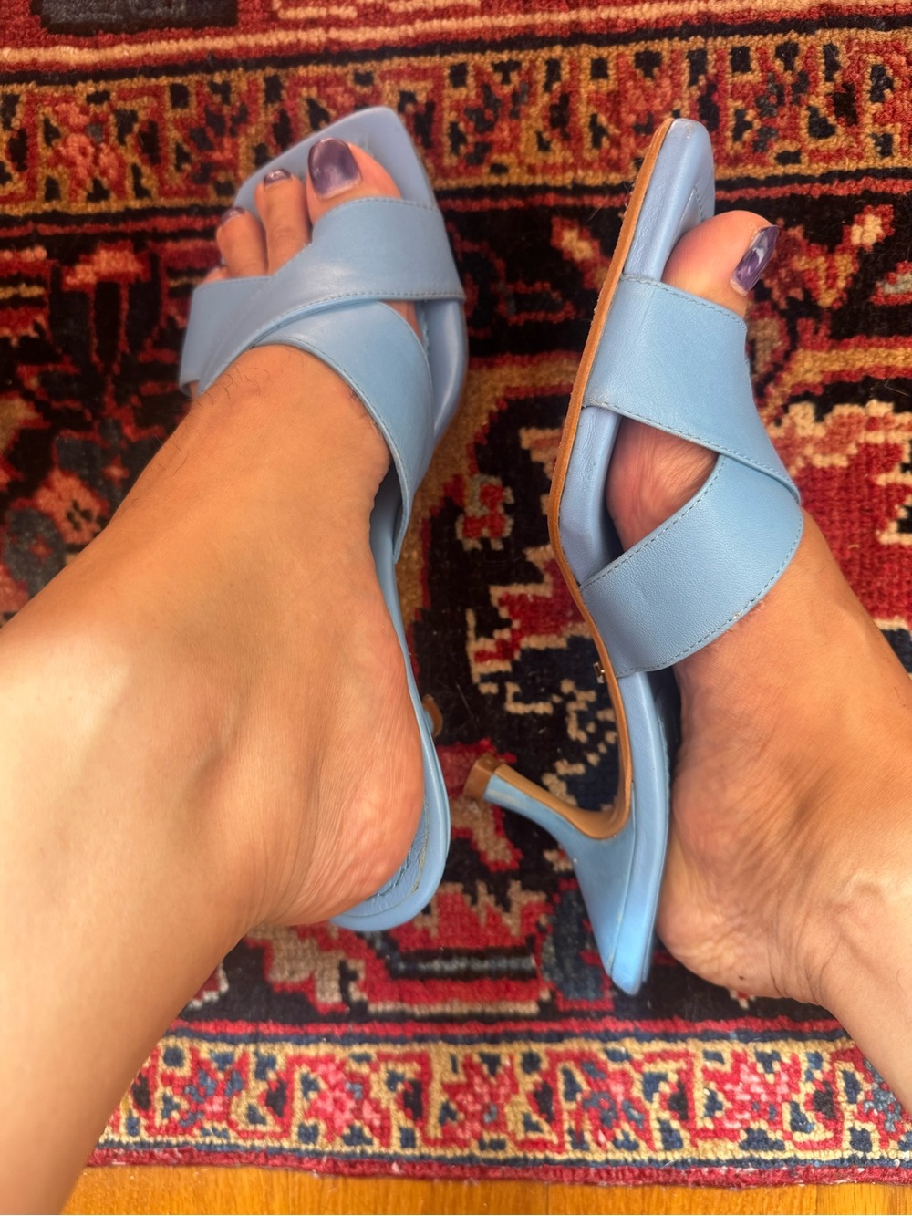 Zara Blue Leather Slide Sandals - Picture 2 of 6